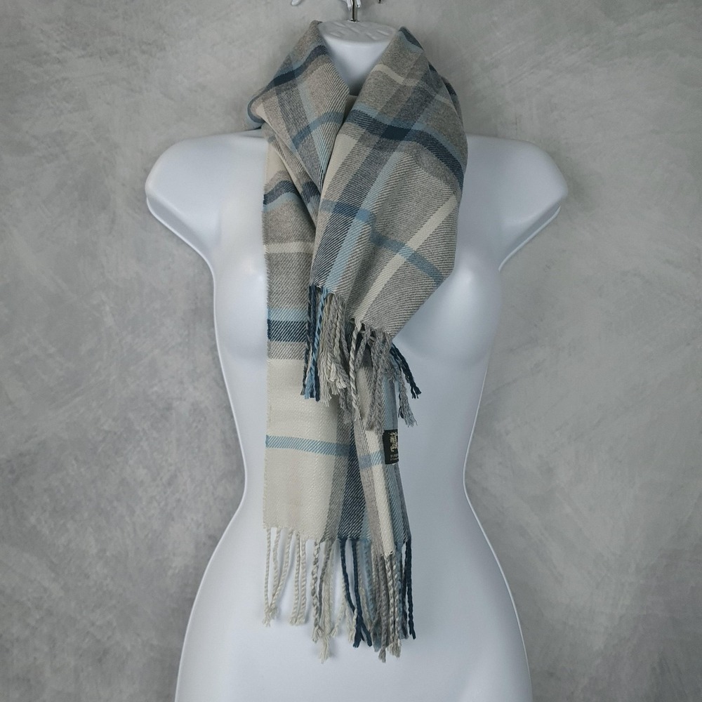 Burberry Cream and Light Blue Plaid Wool Scarf